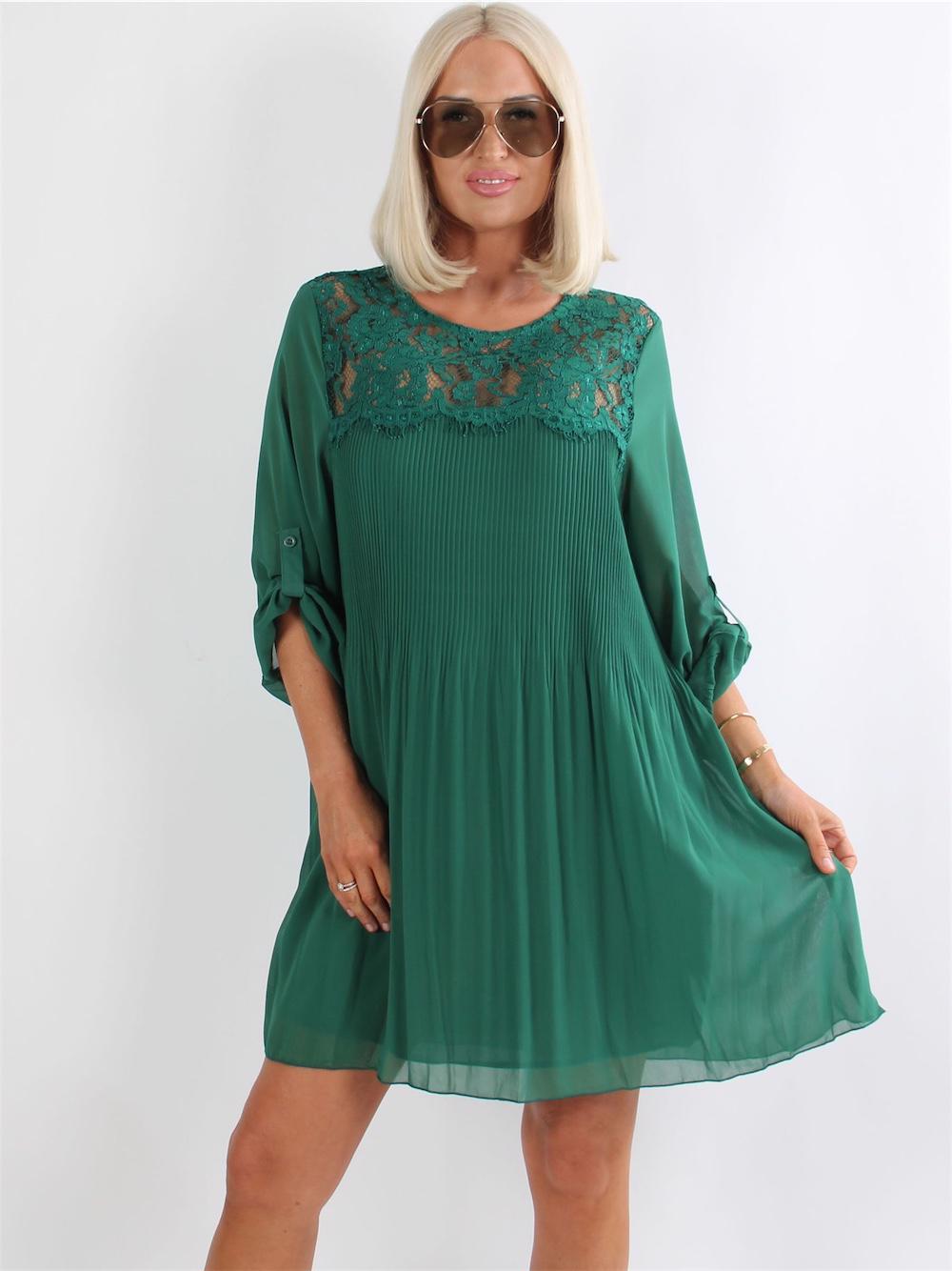 Jasone - Grön tunikaklänning i chiffong med spets och veck